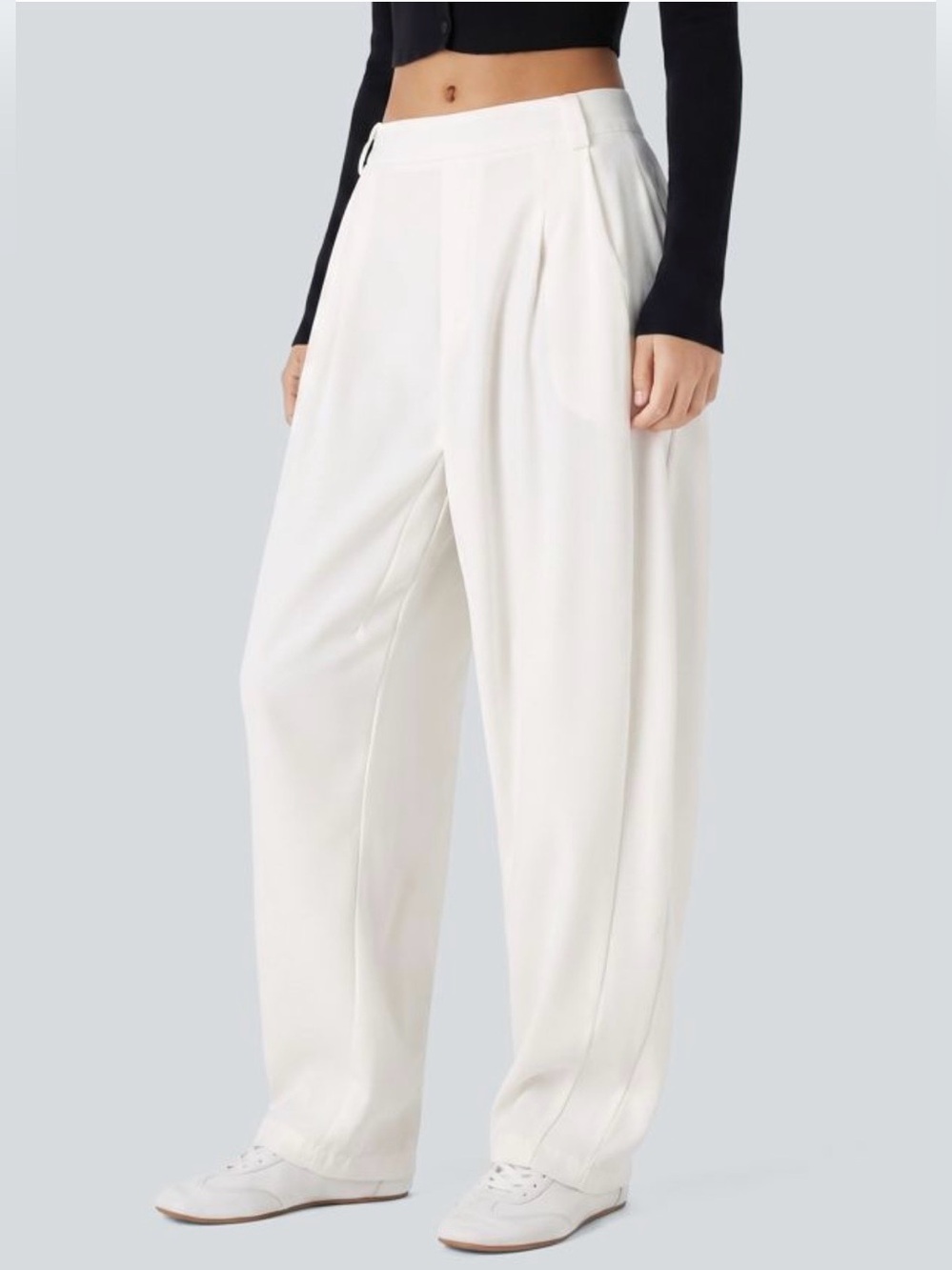 Halara White Mid Rise Pocket Barrel Leg Baggy Work Pants Stretch Comfort Stylish
